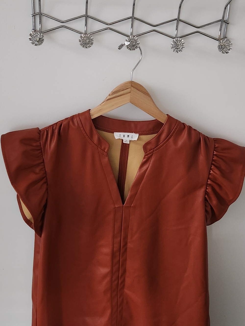 THML Rust Brown Faux Leather Flutter Sleeve Top